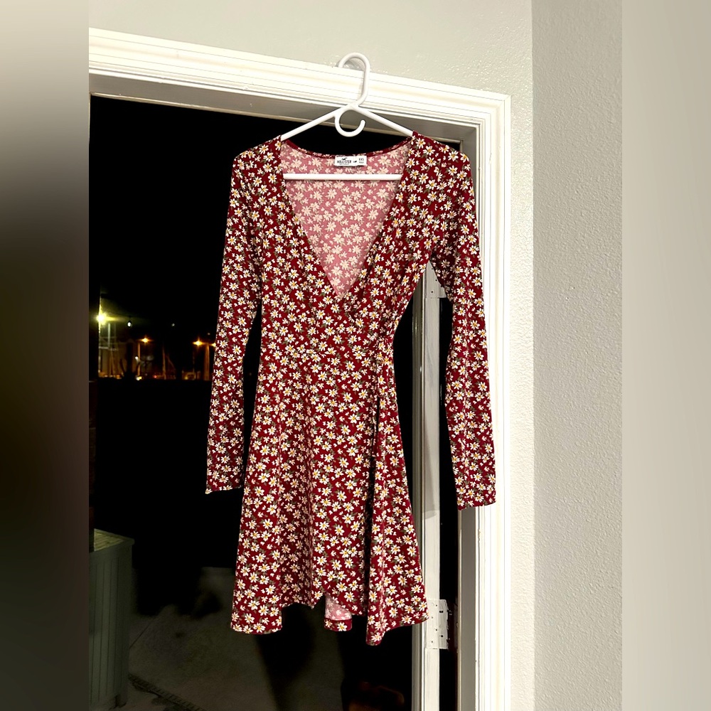 Hollister Skater Faux Wrap Dress Womens Juniors XXS Red Floral Cottagecore